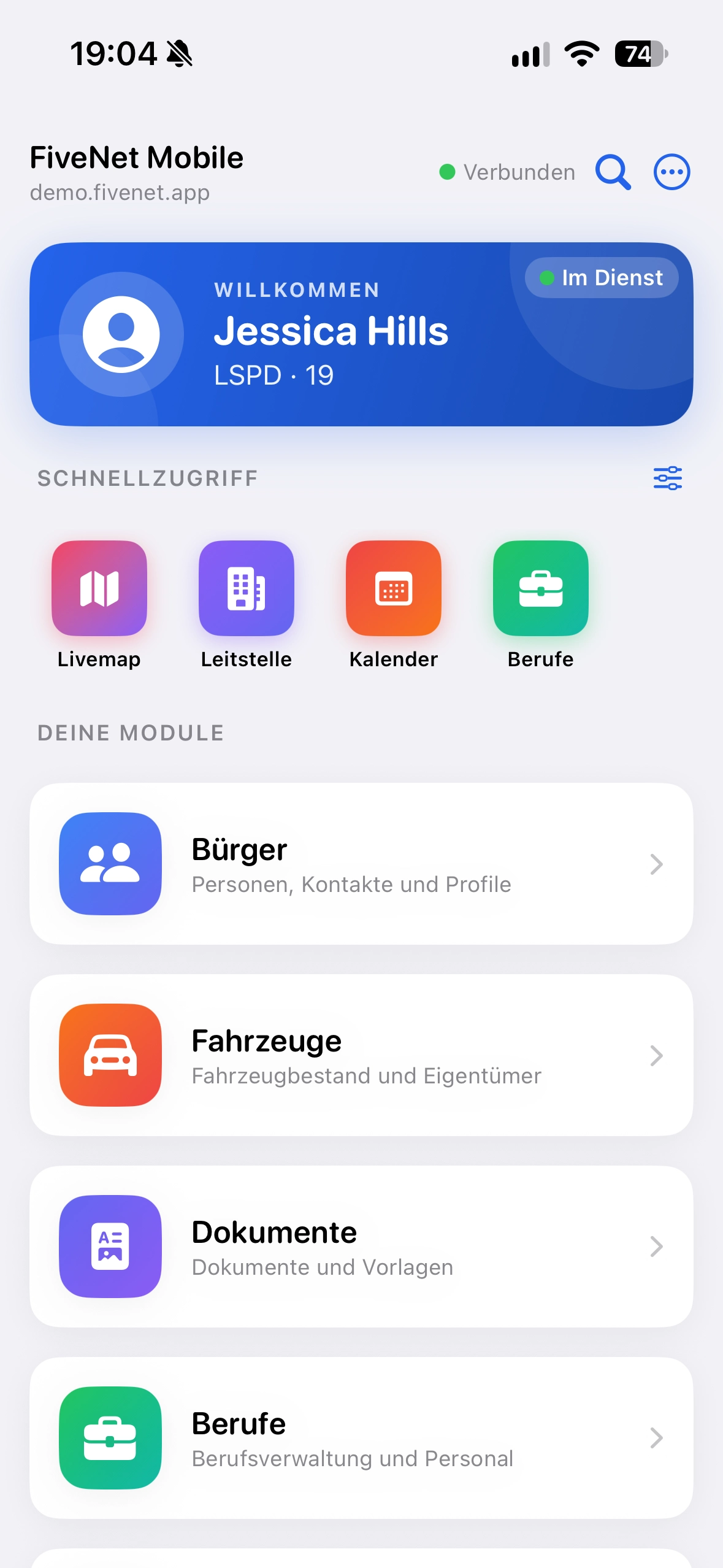 FiveNet Mobile modules and features on iPhone
